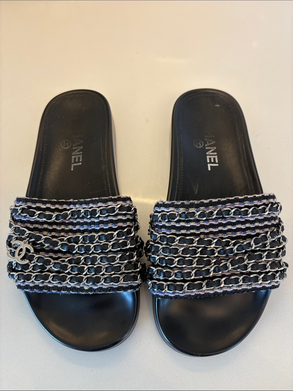 CHANEL Black Chain-Tweed Slide Sandals 37 (size 7) - Picture 3 of 7